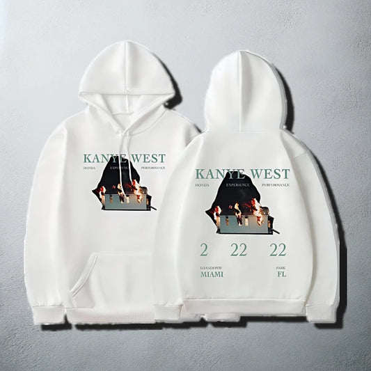 White 'Kanye West Donda Experience Performance' hoodie with concert graphics and event date details on the back for Kanye-themed apparel.