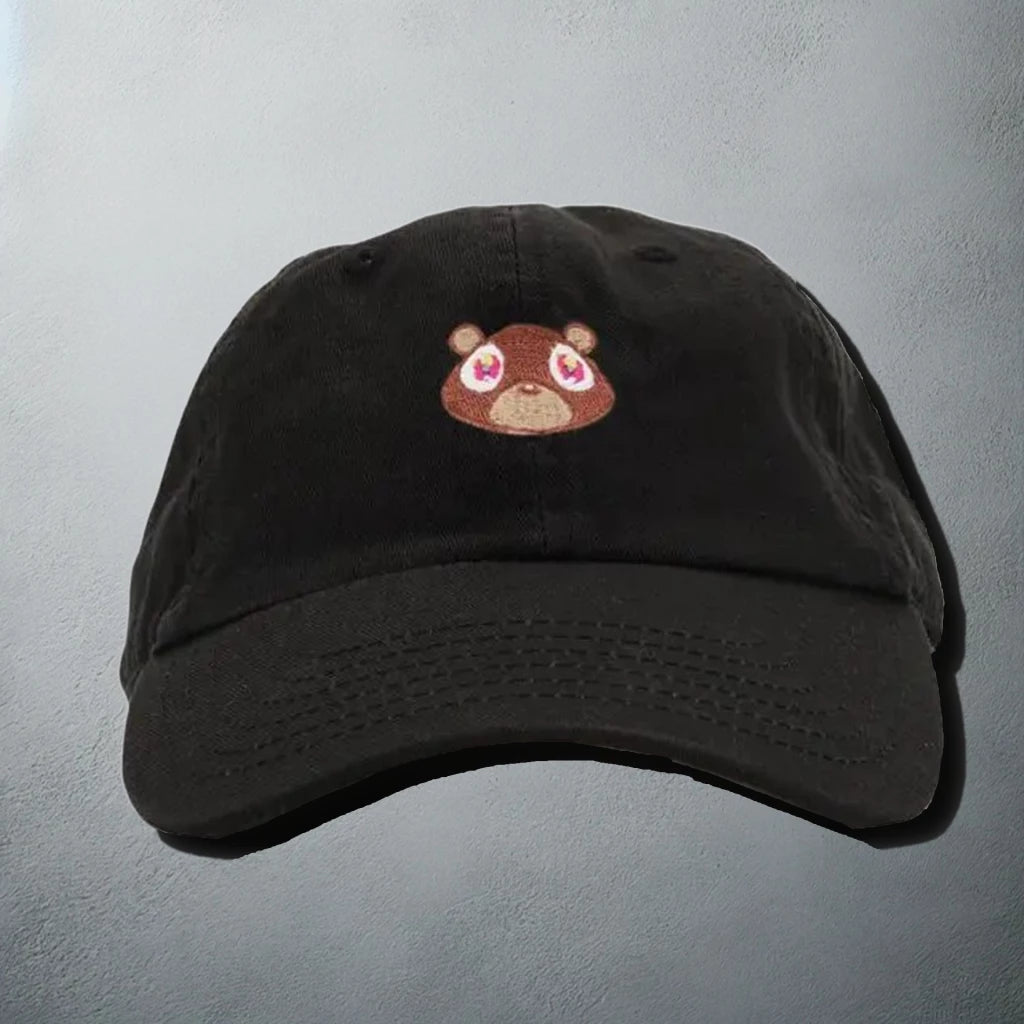 Black baseball cap with an embroidered bear face, inspired by Kanye West's 'Graduation' album artwork