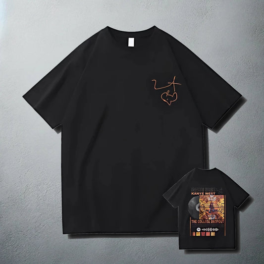 Black T-shirt featuring Kanye West's signature on the front and 'The College Dropout' album cover artwork on the back