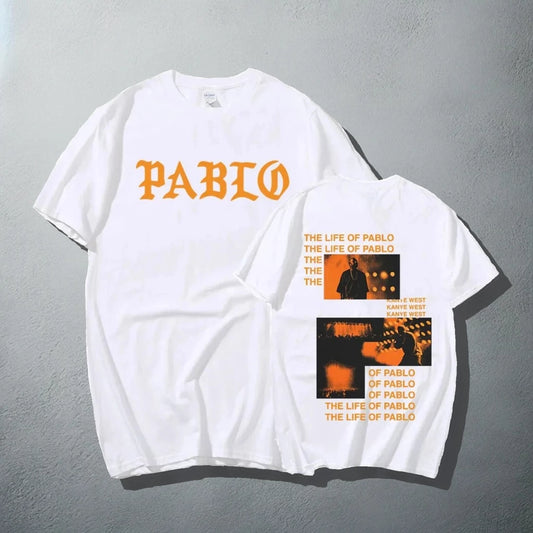 White 'PABLO' T-shirt with orange lettering and 'The Life of Pablo' album artwork on the back, inspired by Kanye West's music