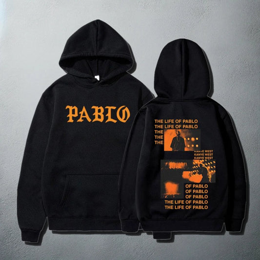 Kanye West 'The Life of Pablo' Black Hoodie with Orange Pablo Text and Back Album Artwork