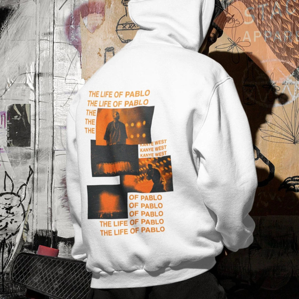 White 'The Life of Pablo' Hoodie with Album Artwork on the Back Against Artistic Background