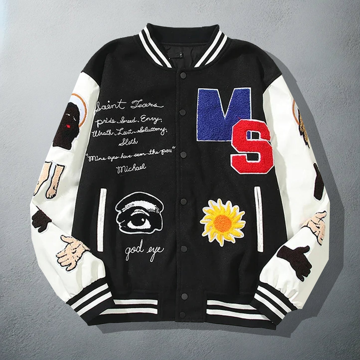 Black Varsity Jacket with 'VS' Lettering and Embroidered Patches Including Sunflower and Eye