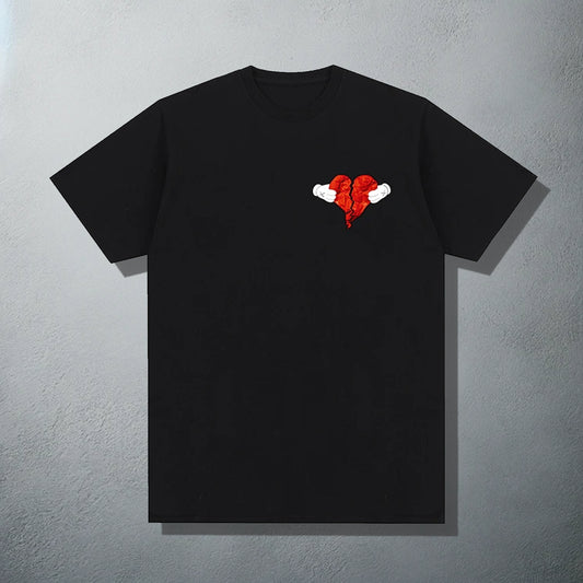 Black T-shirt featuring a 'Heartless' inspired red heart with wings graphic, referencing Kanye's '808s & Heartbreak' album