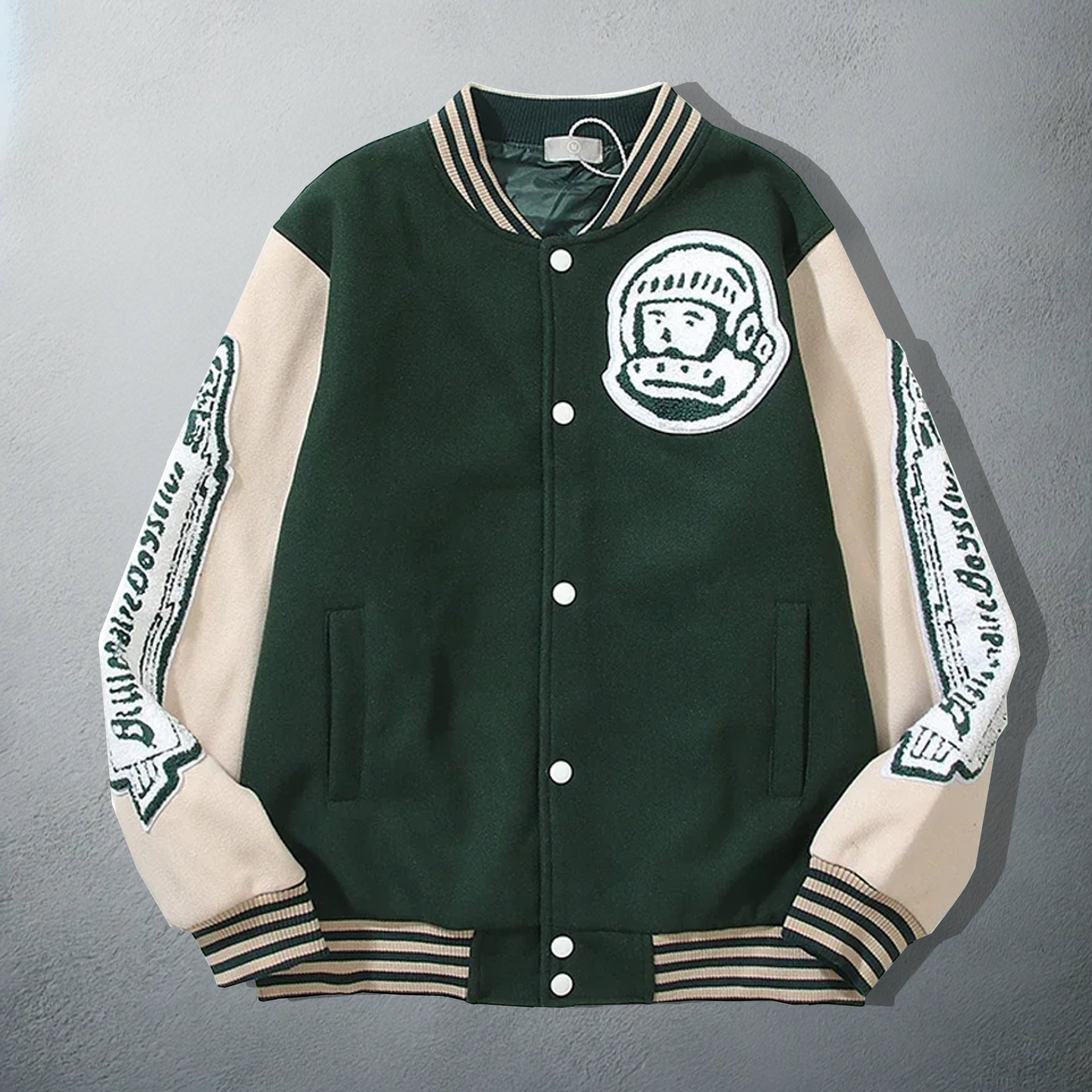 Dark Green Varsity Jacket with Cream Sleeves and Crown Motif Embroidery