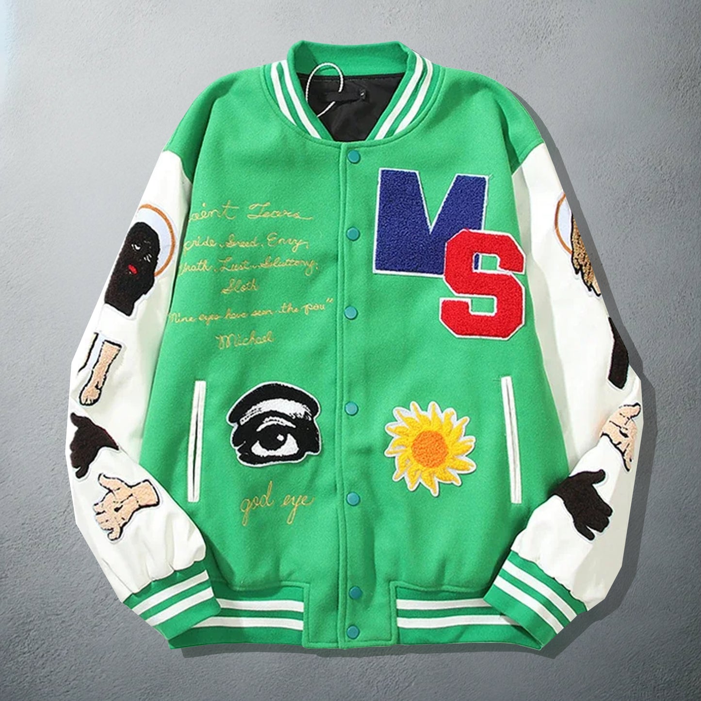 Green and White Varsity Jacket with Embroidered Patches and 'MS' Lettering