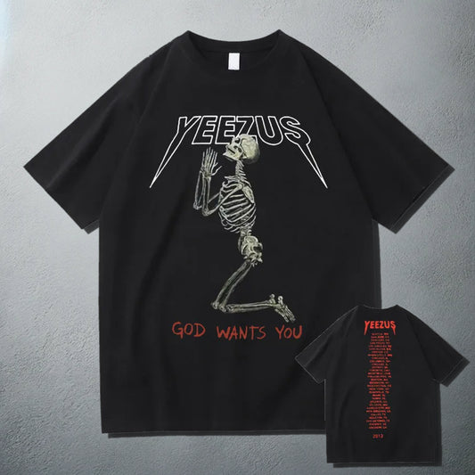 Black 'Yeezus' T-shirt with a praying skeleton graphic and 'God Wants You' text on the front, and 'Yeezus' tour dates on the back