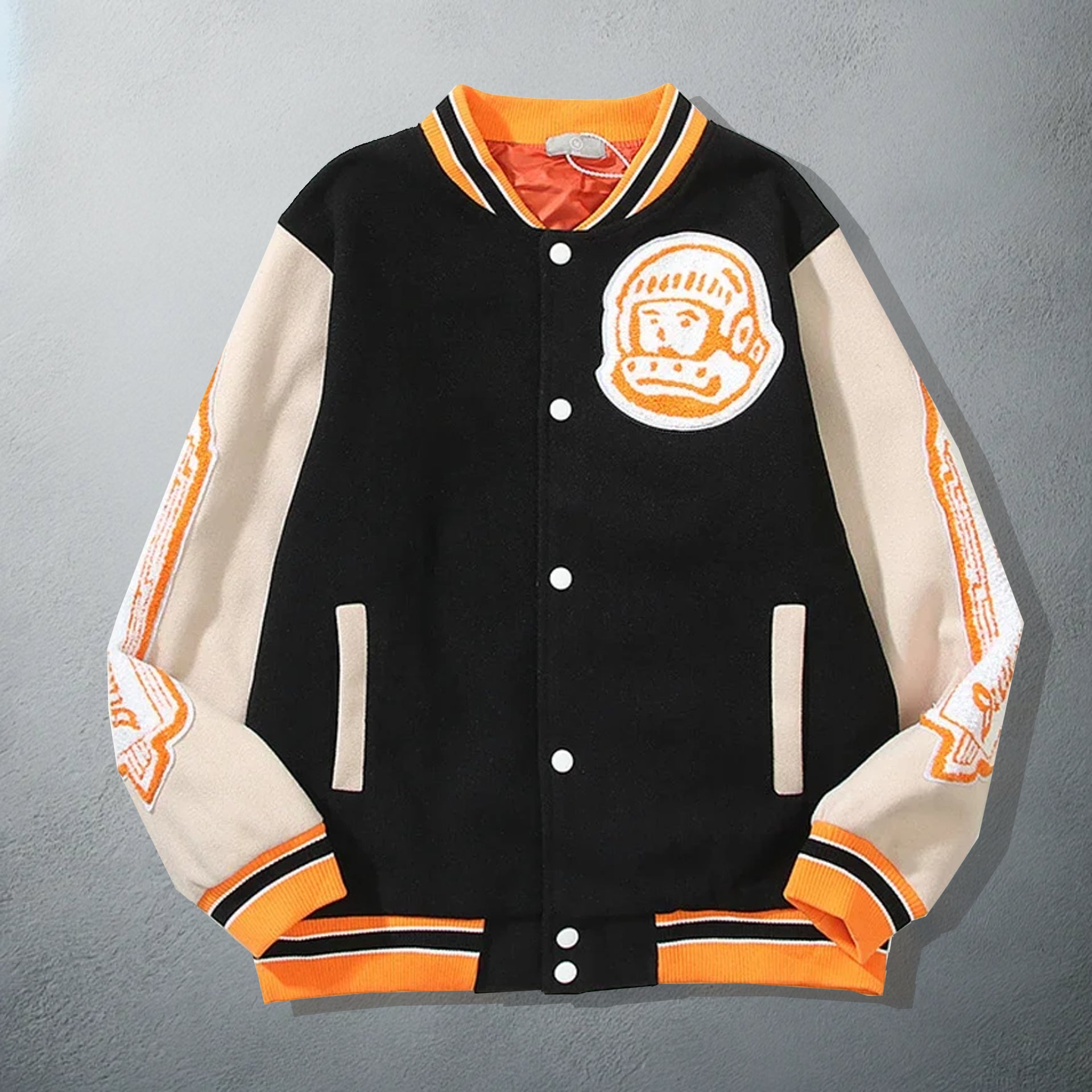 Black Varsity Jacket with Orange Accents and Crown Embroidery