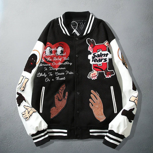 Black and White Kanye West Themed Varsity Jacket with Embroidered Patches
