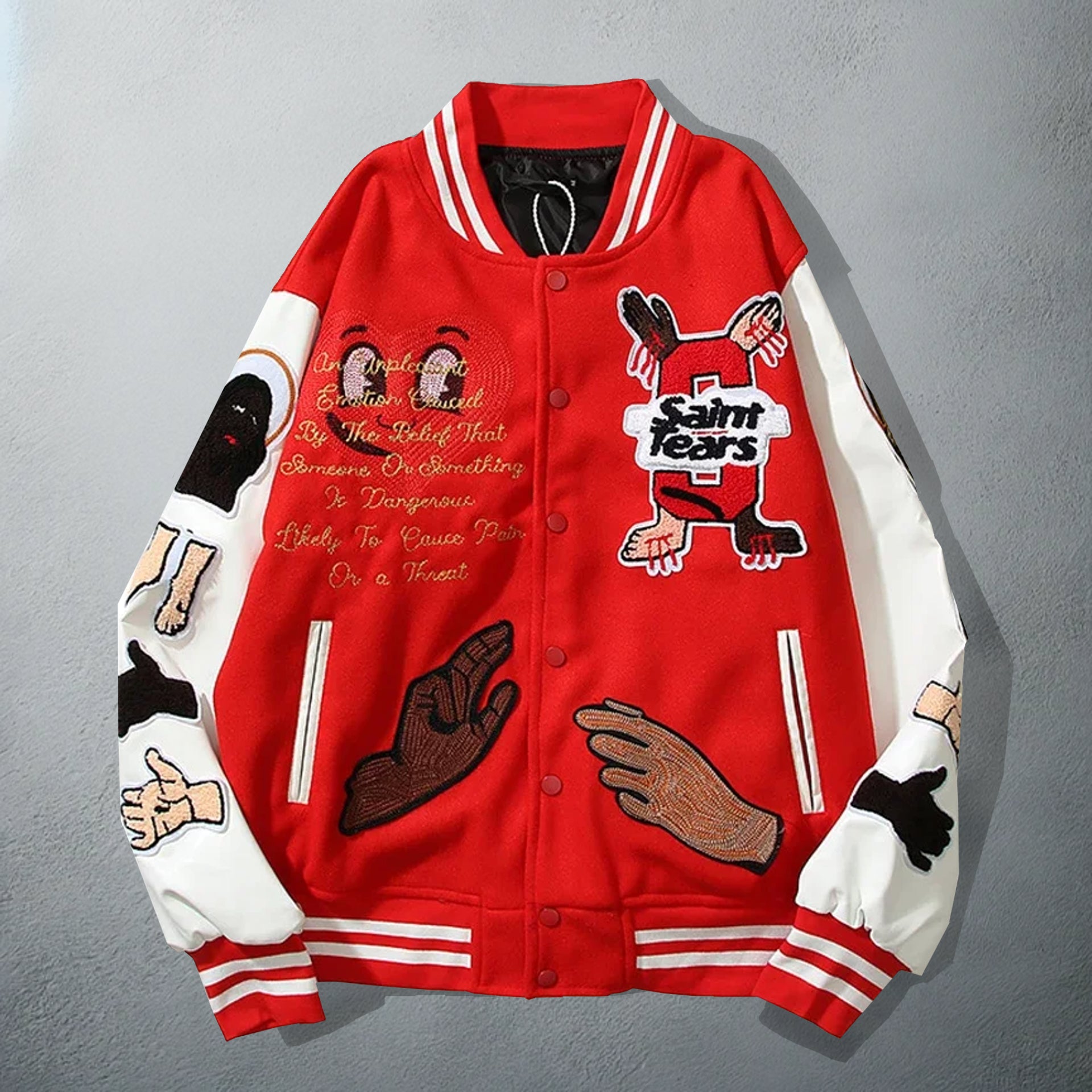 Kanye West Inspired Red Varsity Jacket with Saint Tears Patch and Embroidery